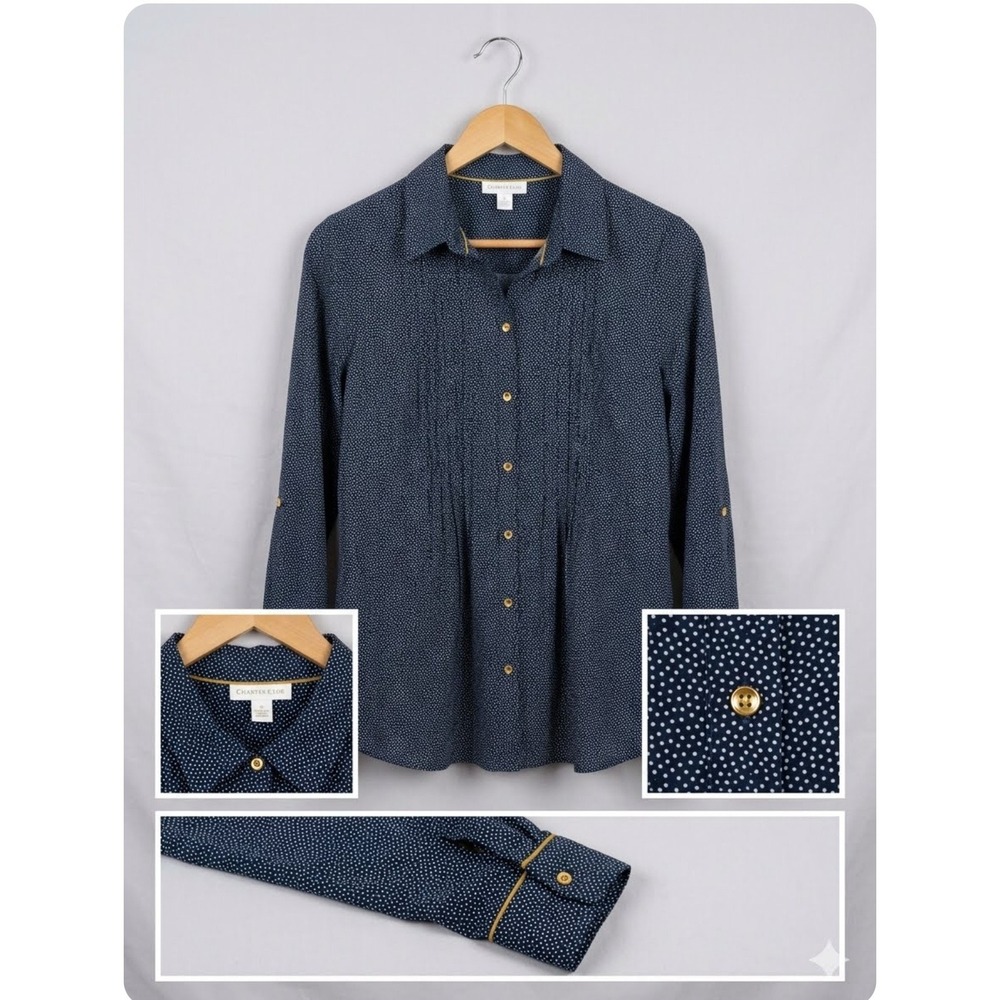 Charter Club Navy Polka Dot Pleated Front Button Down Shirt Gold‎ Buttons M